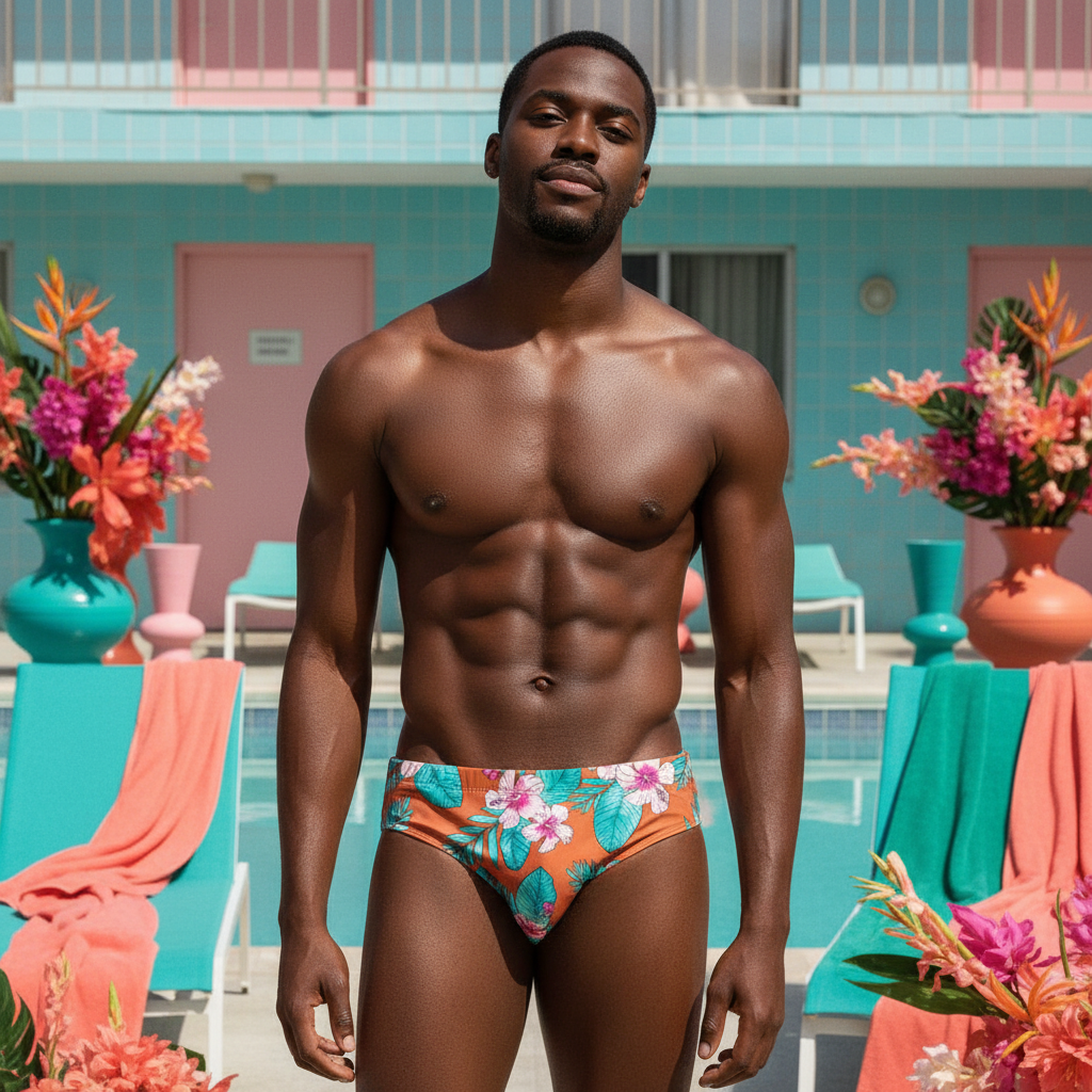 Model wearing orange floral swim briefs beside a colorful pool