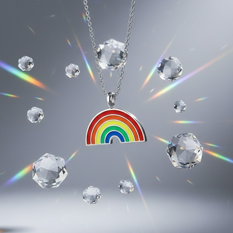 Silver-tone chain with a rainbow arch pendant, surrounded by faceted crystals