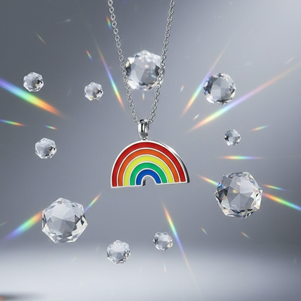 Silver-tone chain with a rainbow arch pendant, surrounded by faceted crystals