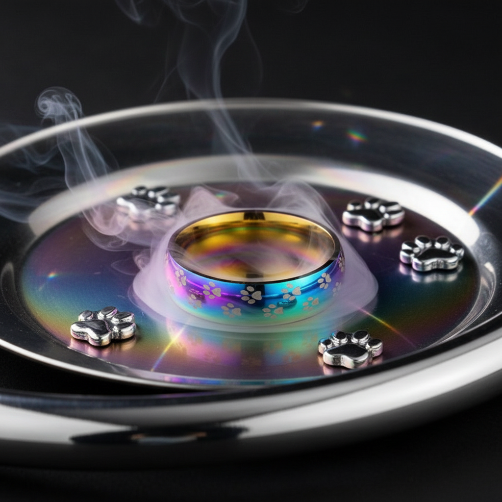 Iridescent rainbow ring with paw-print motifs on a reflective dish, surrounded by paw charms