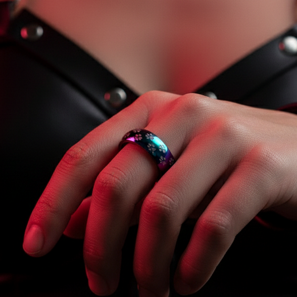 A hand wears the Pup Play Rainbow Ring, a dark iridescent band with tiny paw-print motifs, embodying queer pride and self-expression.