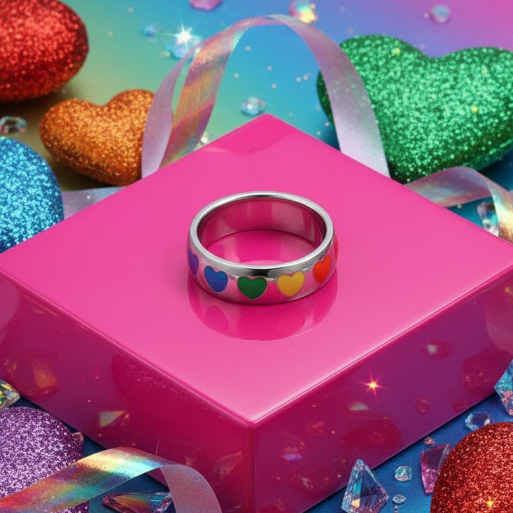 Rainbow Hearts Pride Ring adorned with vibrant enamel hearts in rainbow colors on a metallic band, symbolizing love and pride. Displayed on a hot-pink block with sparkly decor, exuding queer joy and empowerment.