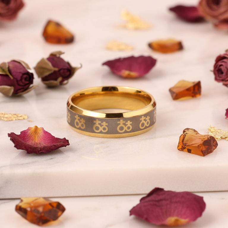 Lesbian Love Symbol Golden Ring on a marble slab, surrounded by rosebuds and gold flakes. The interlocked female signs celebrate pride, crafted in polished zinc alloy.
