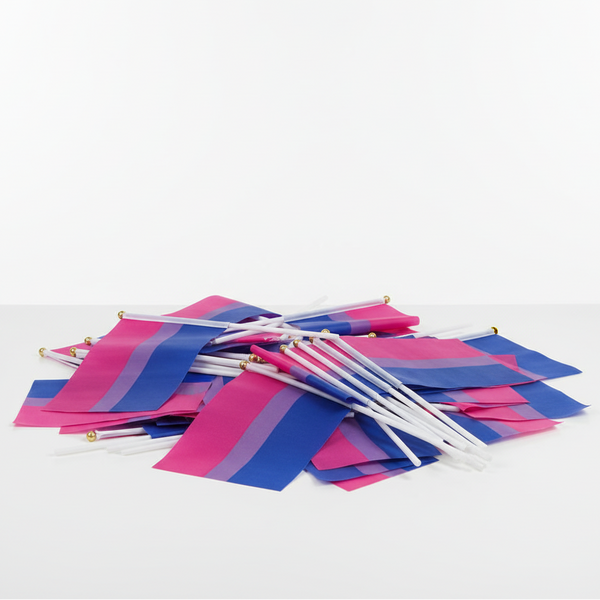 100 x Hand-Held Bisexual Pride Flags with vibrant pink, purple, and blue stripes on white sticks, embodying pride and self-expression for events, rallies, and gatherings, made from durable polyester.