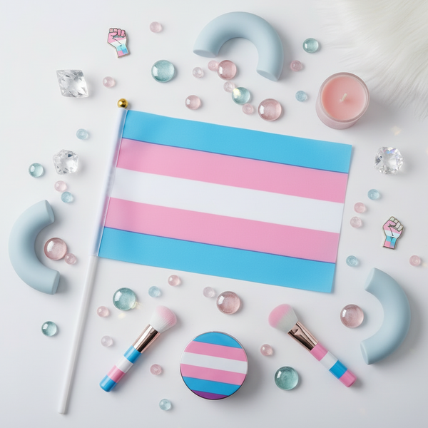 Transgender Pride flag displayed in a pastel-themed flat lay with matching pins and accessories