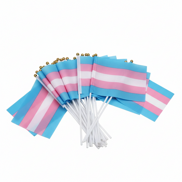 100 x Hand-Held Transgender Pride Flags with light blue, pink, and white stripes on polyester, gold-tipped sticks. Perfect for celebrating pride, visibility, and self-expression at any event or gathering.