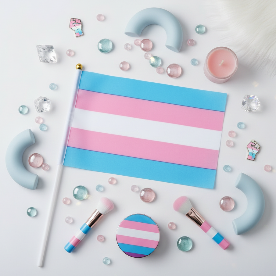 Flat-lay of 100 x Hand-Held Transgender Pride Flags: a vibrant display featuring trans-flag-themed items, makeup brushes, compact, marbles, crystal-like gems, candle, and enamel pins, celebrating queer pride and visibility.