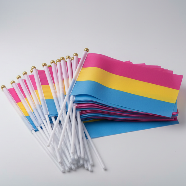 100 x Hand-Held Pansexual Pride Flags on white sticks, ideal for vibrant self-expression and celebration at events. Made of polyester, each flag measures 14x21cm, embodying joyful, inclusive queer pride.
