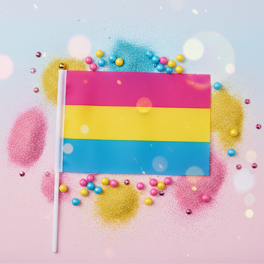 100 x Hand-Held Pansexual Pride Flags displayed on a pastel backdrop with colorful decorations, celebrating empowerment and visibility. Stripes in pink, yellow, and teal/blue on polyester flags with white sticks.