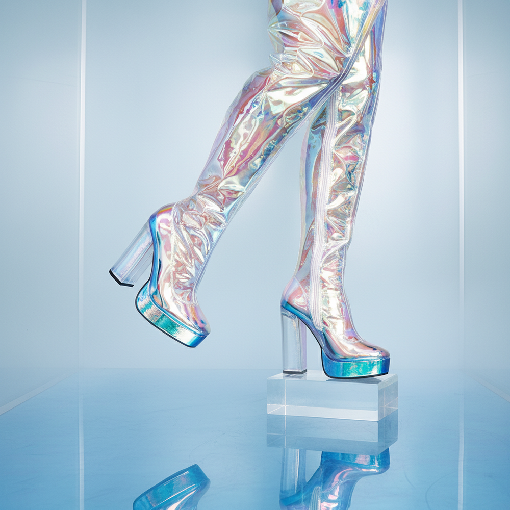 Translucent PVC high heel boots with a slick, iridescent rainbow sheen, worn for a pride vibe; only legs and feet showing.