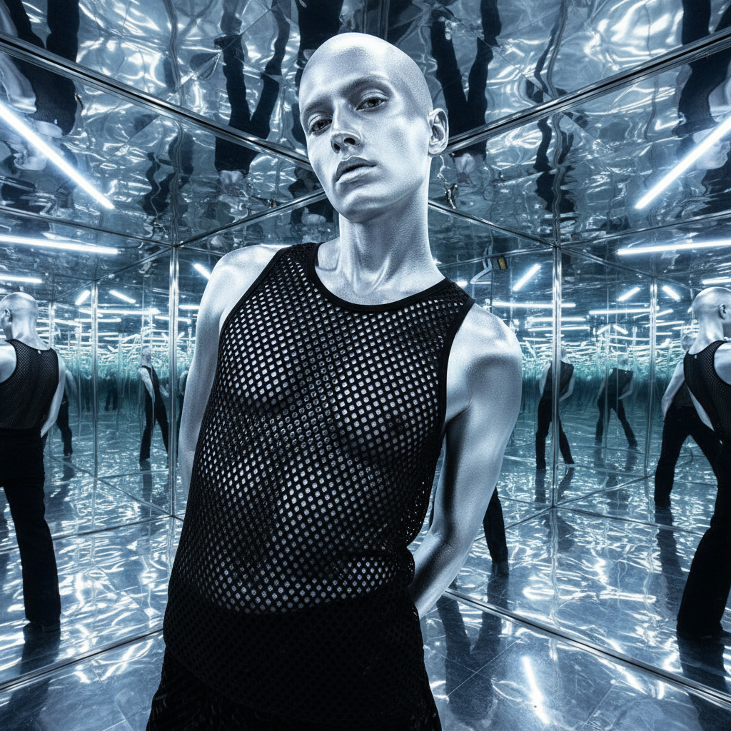 Model wearing a black mesh tank top in a mirrored room