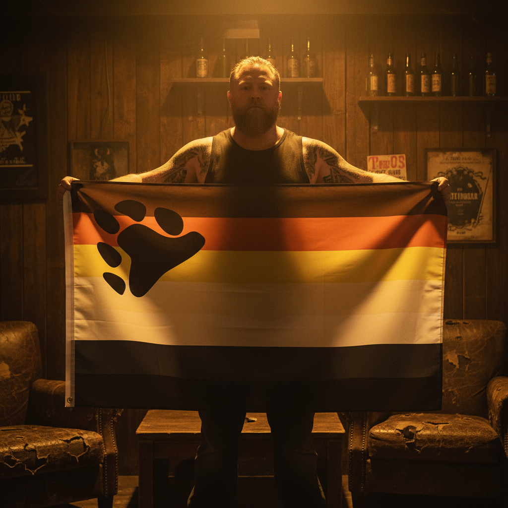 A bearded man confidently holds the Gay Bear Brotherhood Pride Flag, featuring vibrant stripes and a bear paw, symbolizing queer masculinity and community, in a cozy lounge setting.