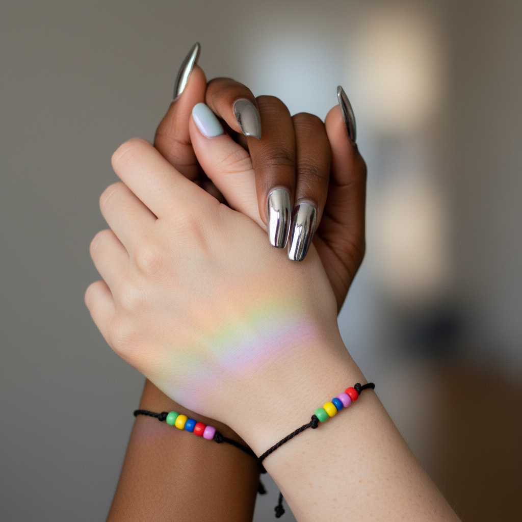 Two people wearing matching rainbow bead bracelets, hands clasped together