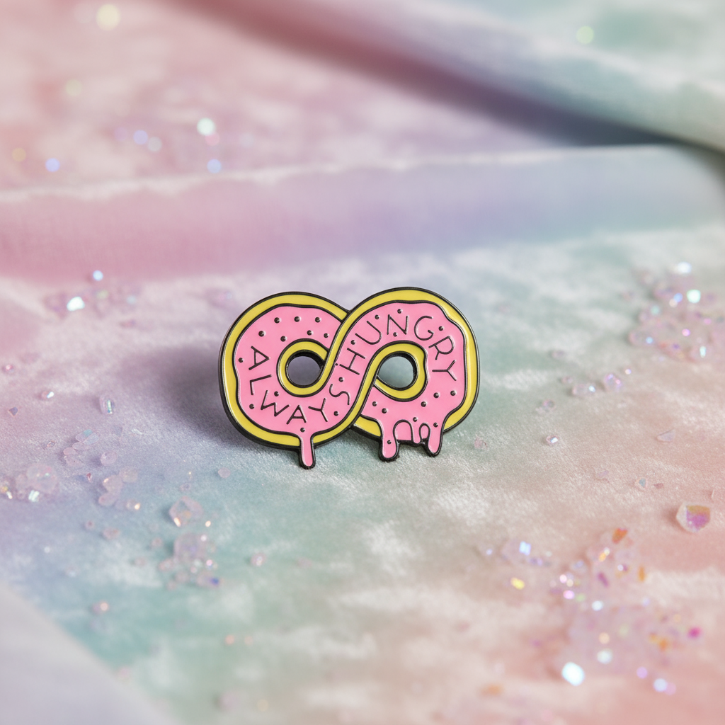 Always Hungry Enamel Pin: A pink-frosted donut-shaped infinity symbol with sprinkles, embossed with “ALWAYS” and “HUNGRY”. Perfect for expressing pride and fabulousness.