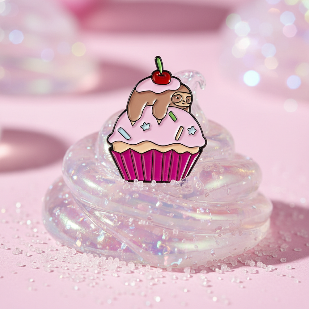 Sloth cupcake enamel pin with pink frosting, cherry, sprinkles, and a brown sloth design