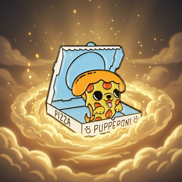 Pupperoni Enamel Pin features a charming puppy-pizza hybrid in a pizza box, embodying pride and playful self-expression. This hard enamel pin is perfect for showcasing bold, queer identity with joy.