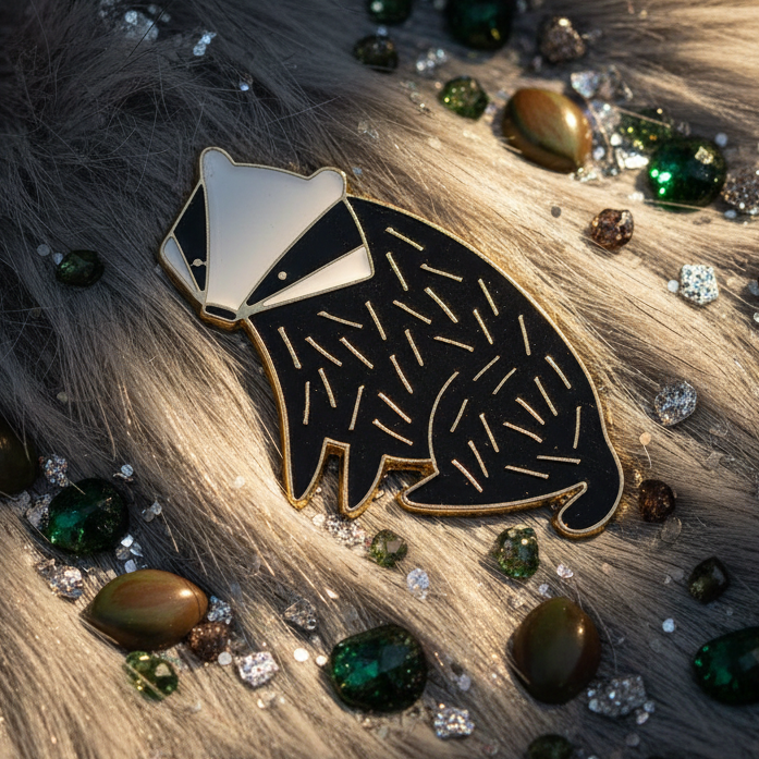 Black-and-white badger enamel pin on faux fur, surrounded by green and silver gemstones
