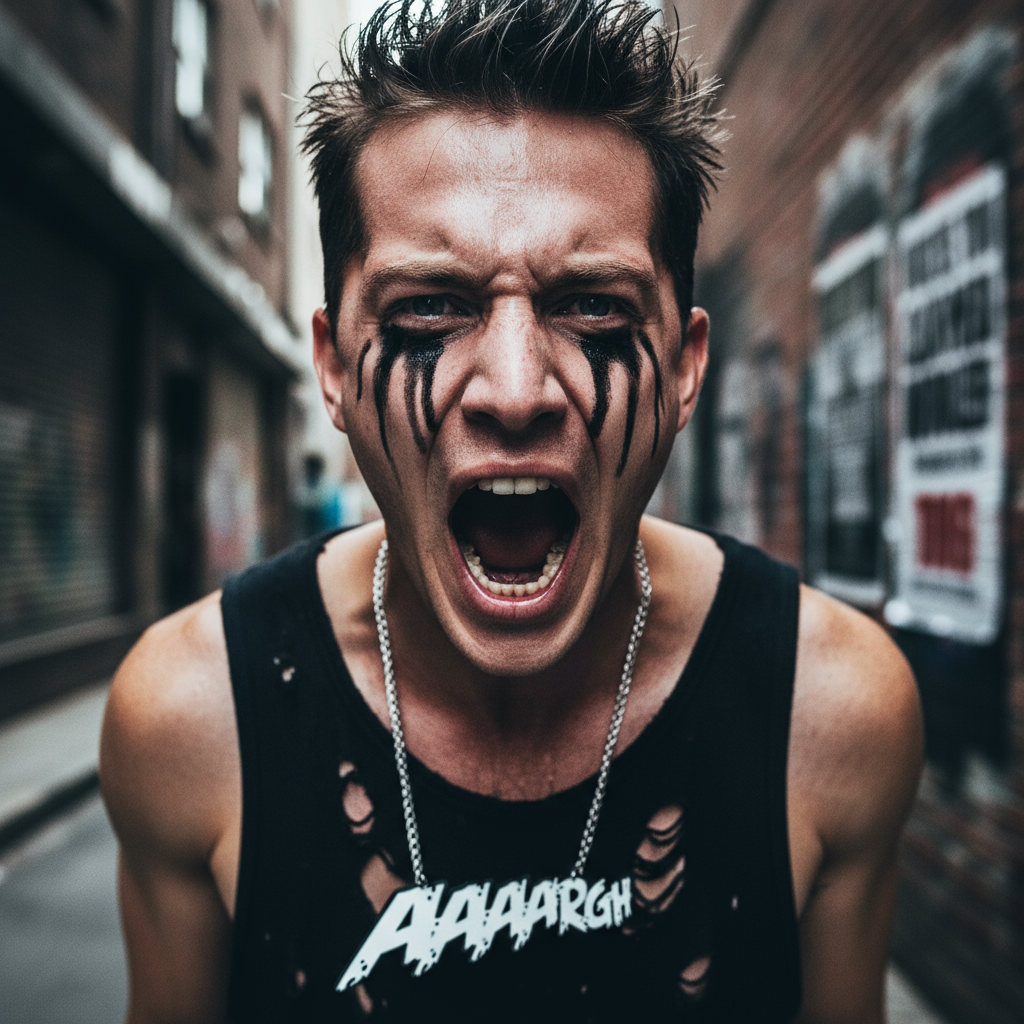 Young adult male in urban alley wearing the Aaaargh Acrylic Statement Chain Necklace. He shouts boldly, embodying fierce self-expression with a twisted Singapore chain and empowering, edgy style.