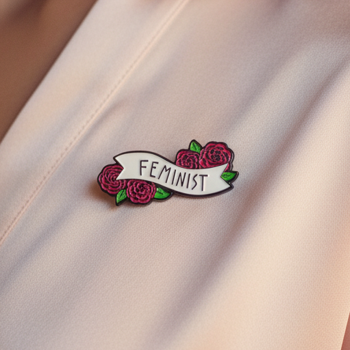 Feminist enamel pin with pink-red roses and green leaves on white fabric