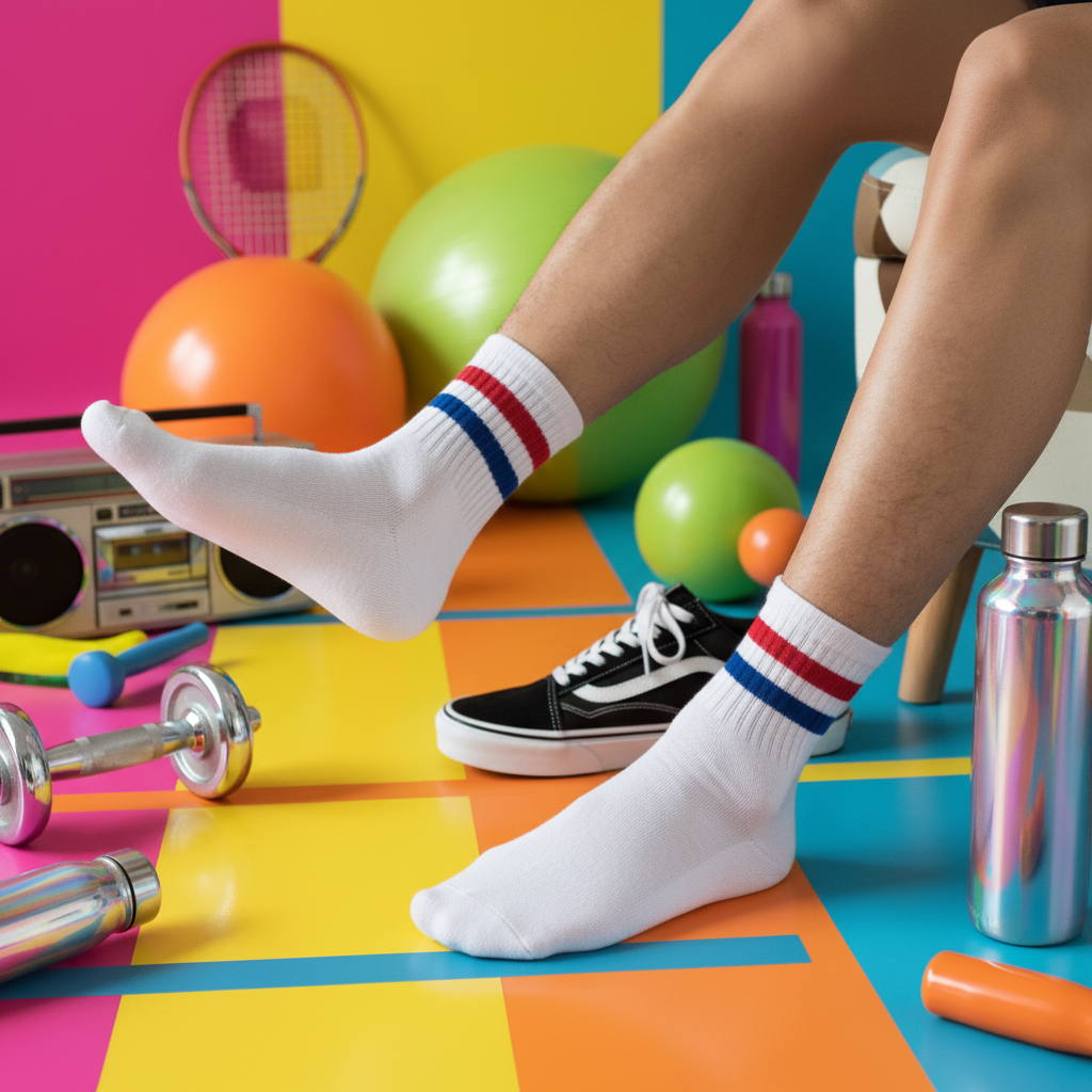 Queer person in vintage red-and-blue striped sports socks sits with foot raised, surrounded by gym gear on a retro floor.