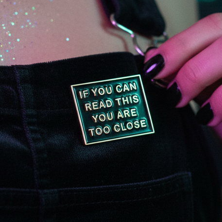 Close-up of a black enamel pin reading “IF YOU CAN READ THIS YOU ARE TOO CLOSE”