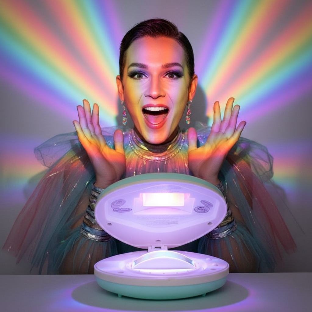 Pocket Rainbow Projection Lamp sits on a table, beaming bold LED rainbows across a queer person in shimmery, vibrant clothes.