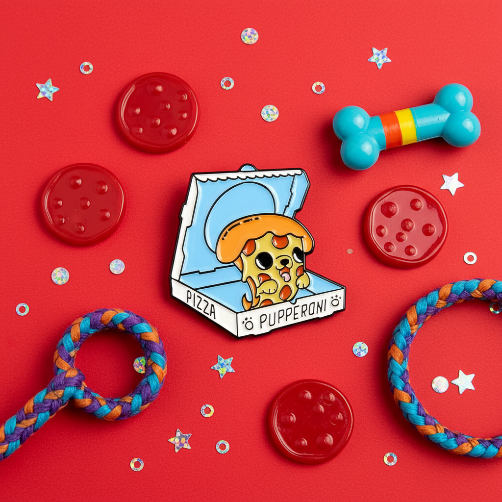 Pupperoni enamel pin showing a cartoon pizza slice in an open pizza box