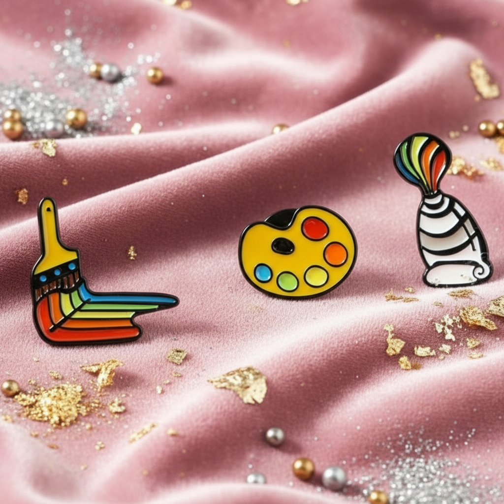Three rainbow paint-themed enamel pins arranged on pink satin with gold and silver confetti