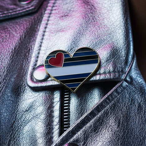 Leather pride heart enamel pin with red heart on a black, blue, and white striped jacket