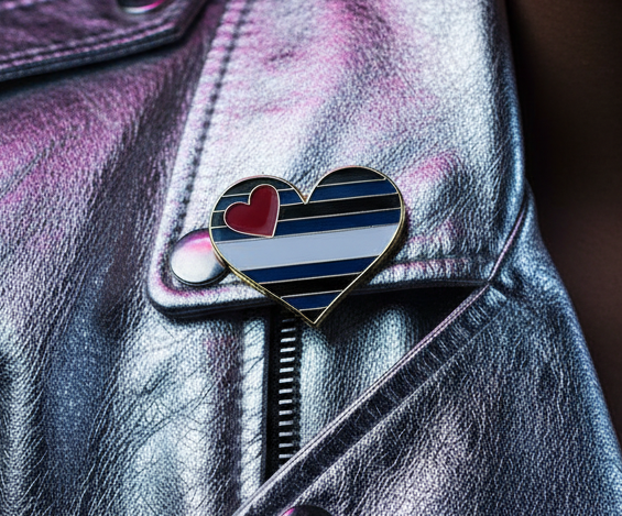 The Leather Pride Heart Enamel Pin, with vibrant stripes and a bold red heart, adorns a metallic-look leather jacket, epitomizing fierce queer empowerment and prideful self-expression.