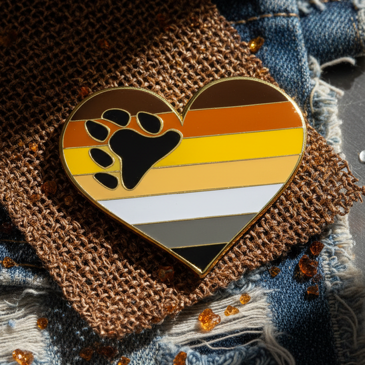 Bear pride heart enamel pin with paw print on brown, orange, yellow, white, gray, and black stripes