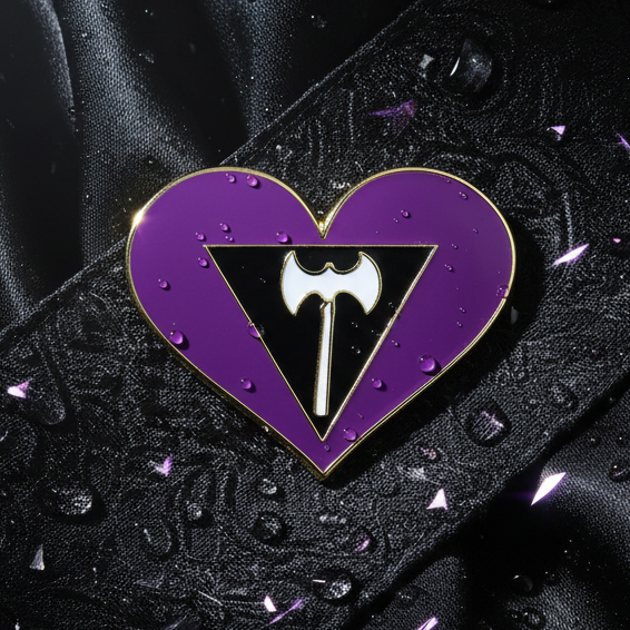 Lesbian Labrys Pride Heart Enamel Pin: Heart-shaped with gold outline, rich purple enamel, featuring a white double-headed axe on a black triangle. Water droplets enhance its queer empowerment and prideful elegance.