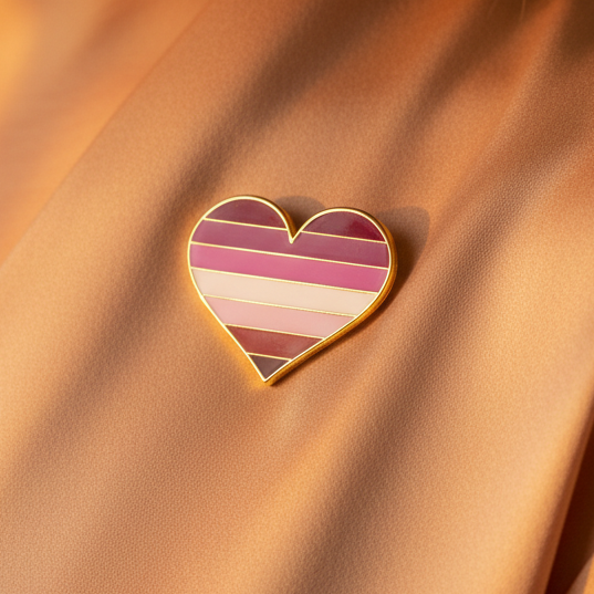 Lesbian pride heart enamel pin with pink, white, and burgundy horizontal stripes