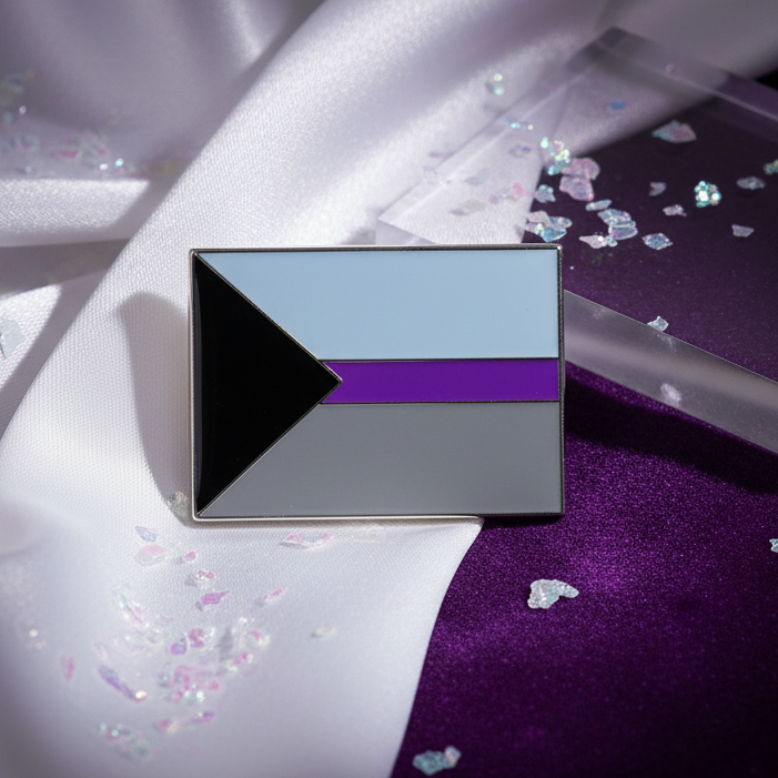 Demisexual pride flag enamel pin with black triangle, purple stripe, and gray bands