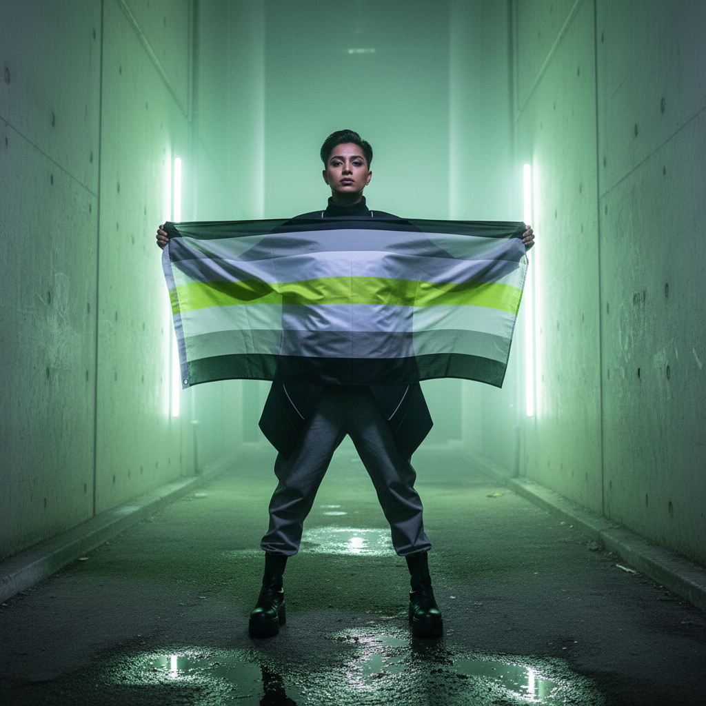Person in dark, futuristic attire stands in a misty, neon-lit tunnel, holding the Agender Pride Flag. The flag's bold stripes signify empowerment and pride, crafted from durable SuperTex with brass grommets.