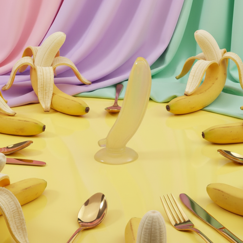 Banana-shaped dildo standing upright on a suction base among bananas and utensils