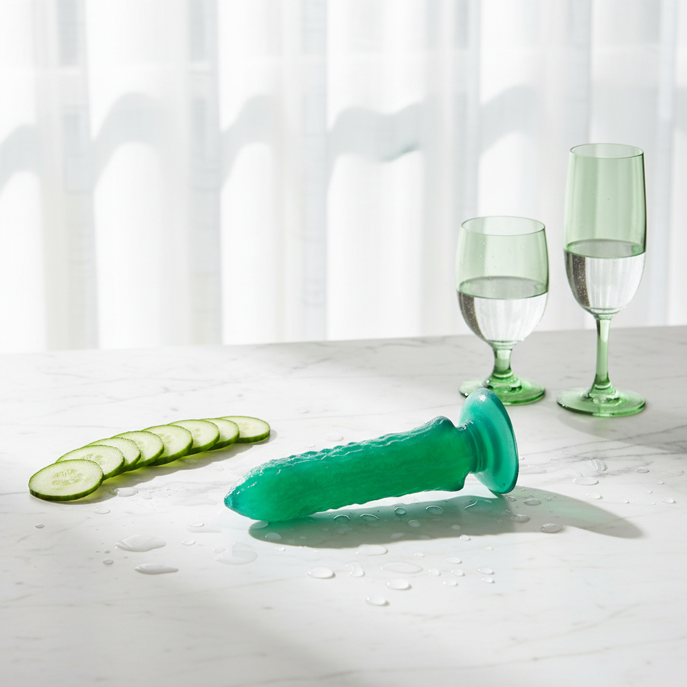 Turquoise textured dildo with a flared base beside cucumber slices and green wine glasses