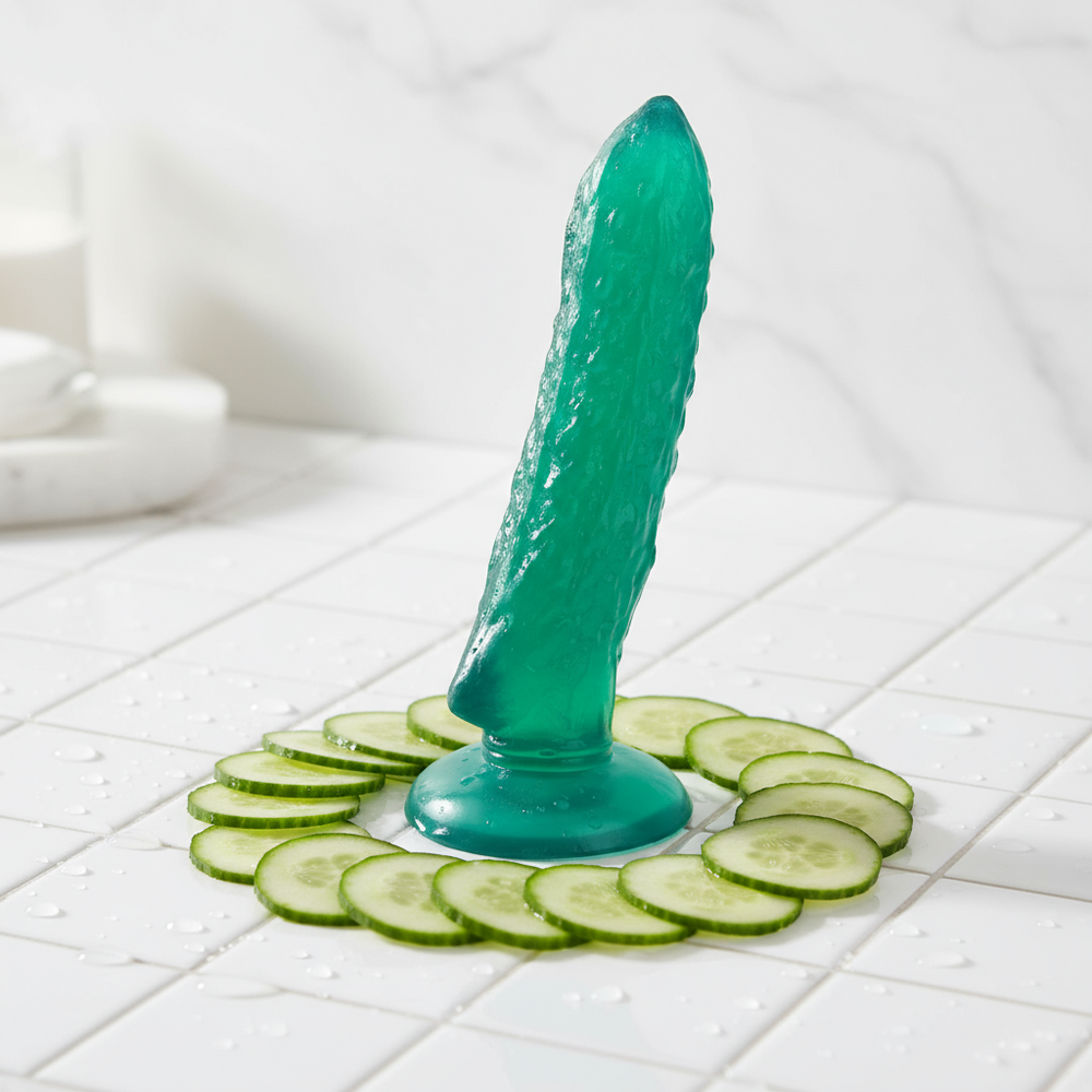 Translucent green textured dildo standing on a suction-cup base, ringed by cucumber slices