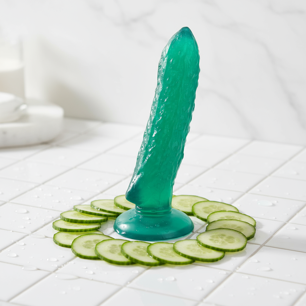 Translucent green textured dildo standing on a suction-cup base, ringed by cucumber slices