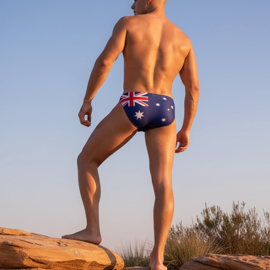 Rear view of a shirtless person wearing navy Australian flag swim briefs on rocky terrain