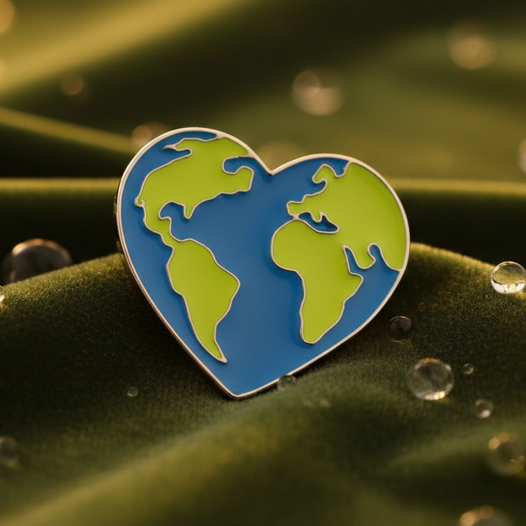 Heart-shaped I Heart Earth Enamel Pin, blue and green, on dark-green fabric, dewy droplets. Celebrates love for our planet, perfect for expressing LGBTQIA+ pride and self-expression.