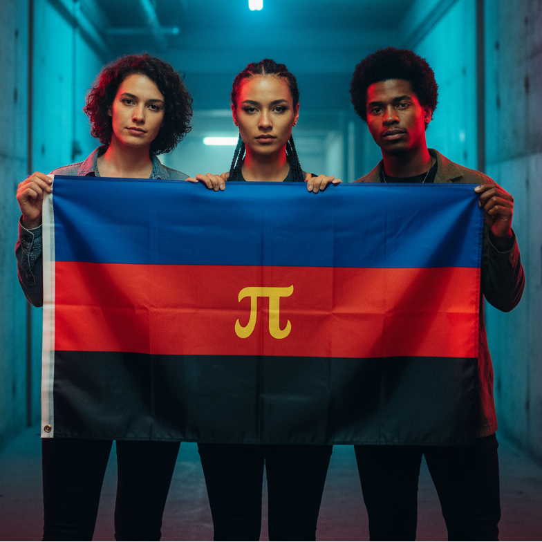 Three young adults hold the Polyamory Pride Flag, showcasing the light blue, red, and navy stripes with a yellow pi symbol, embodying open and joyful queer love and pride.