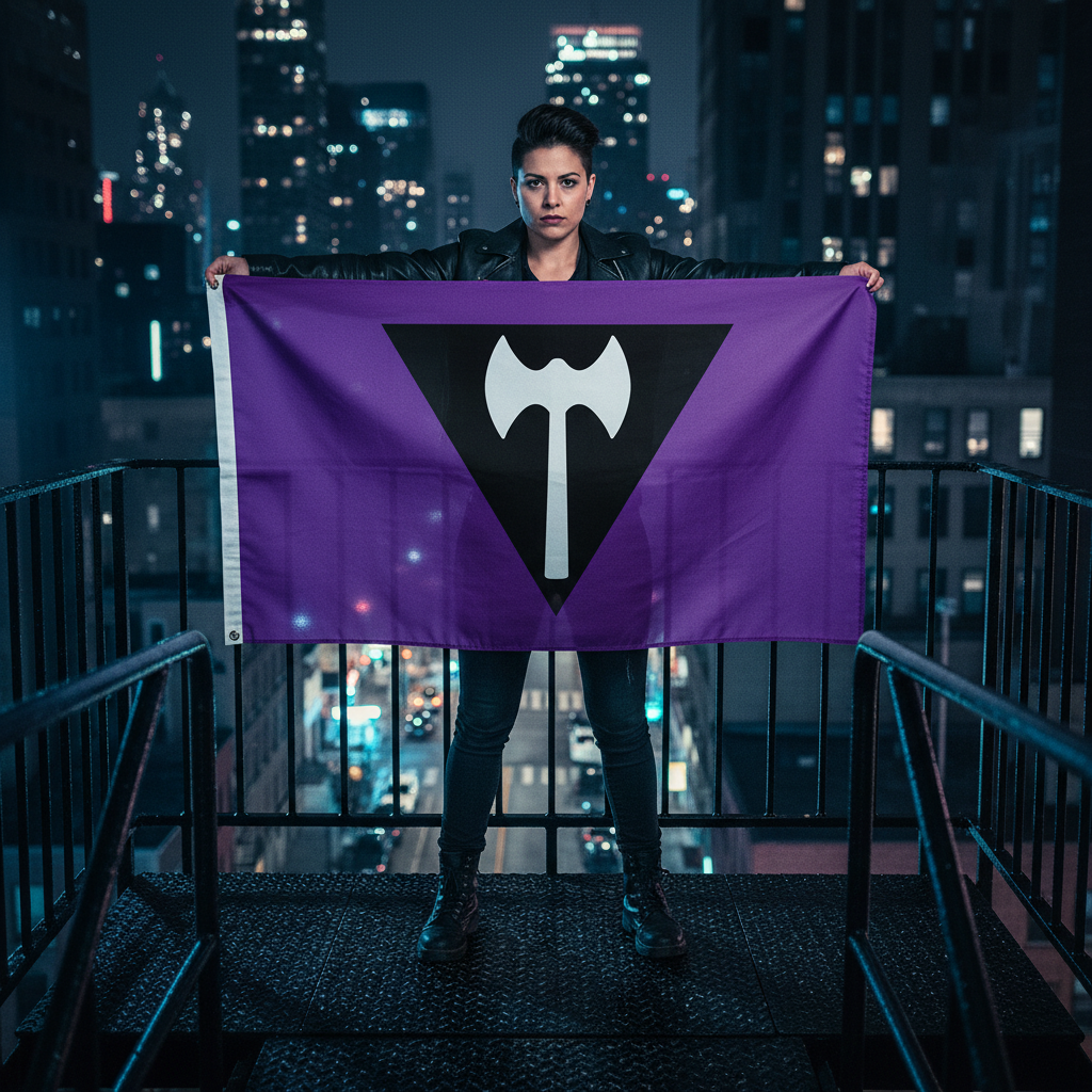 A person proudly holds the Labrys Lesbian Pride Flag, featuring a black triangle and labrys symbol on purple, standing on a night cityscape fire escape, embodying lesbian strength and empowerment.