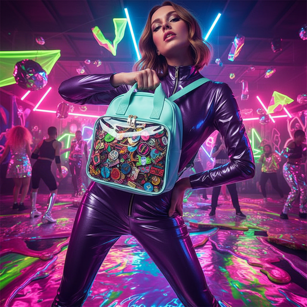 Turquoise transparent pin-display backpack worn at a neon-lit dance party