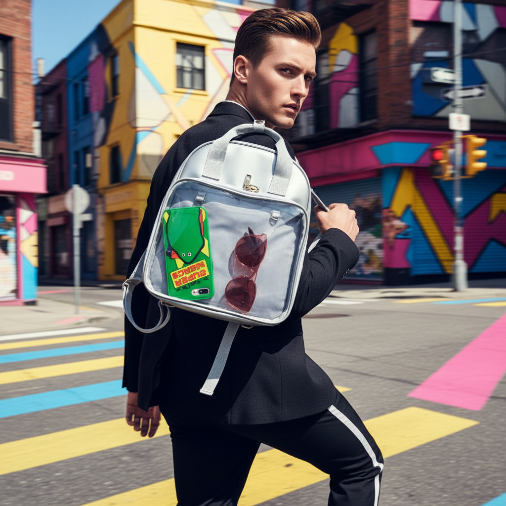 Person wearing a transparent backpack with a front display pocket in a colorful mural-lined street