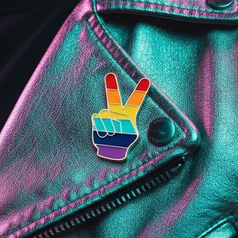 Close-up of the LGBT V Sign Pride Enamel Pin on a metallic leather jacket, featuring a rainbow-striped hand making a peace sign. Celebrates LGBTQ+ pride, visibility, and self-expression.