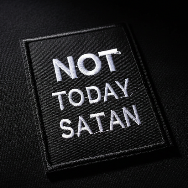 Black embroidered iron-on patch reading “NOT TODAY SATAN” in white lettering