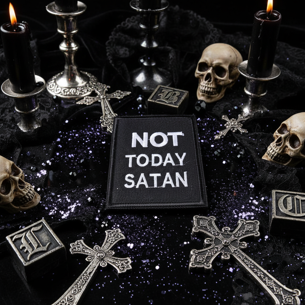Black embroidered patch reading “NOT TODAY SATAN” on a dark gothic display