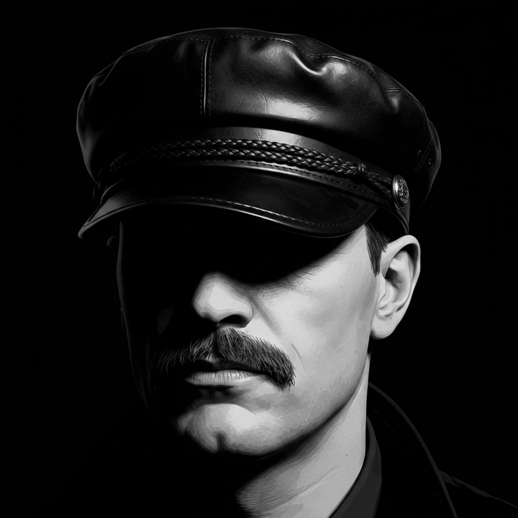 Model wearing a black faux-leather visor cap with braided band and short brim