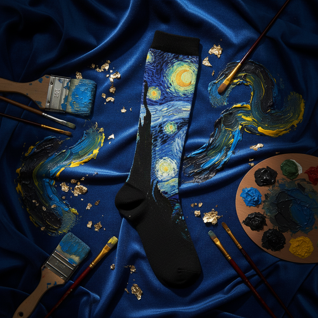 Unisex Starry Night Van Gogh socks on deep blue satin with gold leaf, brushes, and palette; perfect for queer art lovers.